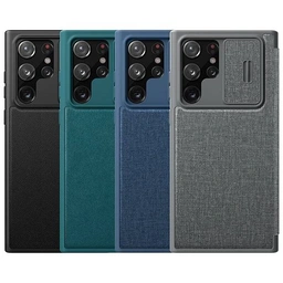 کیف چرمی نیلکین Samsung S22 Ultra 5G Nillkin Qin Pro Plain Leather Cloth Case دارای محافظ دوربین-سامسونگ تل